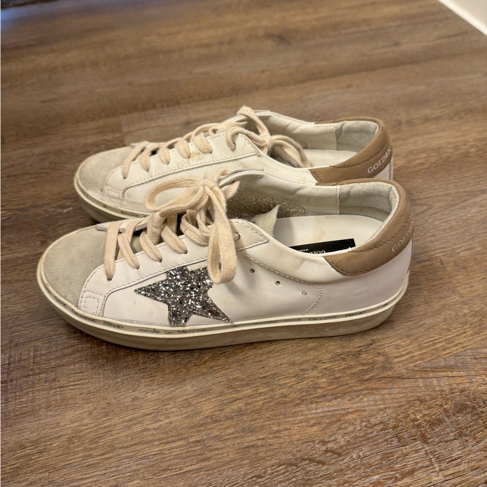 Golden Goose White and Tan Sneakers with Silver Star